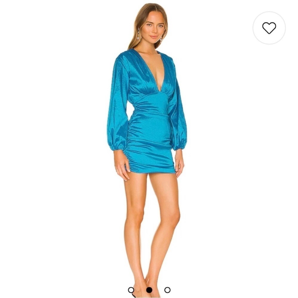 NWT Lovers + Friends Lorenza Mini Dress Ruched Deep V-Neck Long Sleeve Teal